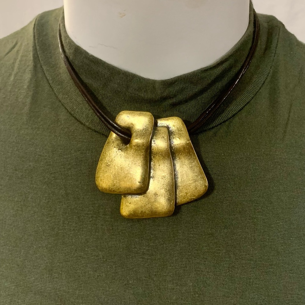 Chicos Gold Tone Metal Necklace Leather